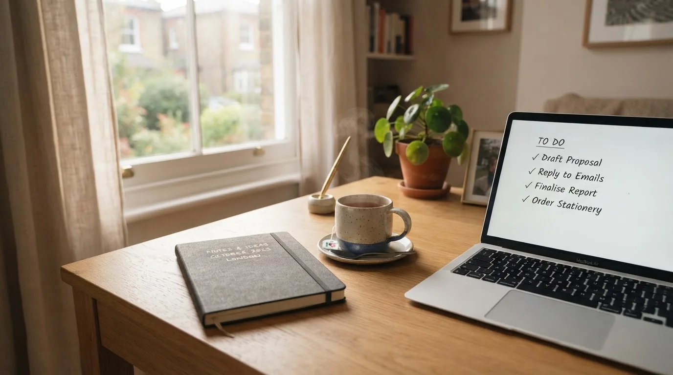 A tidy desk with a notebook, a mug of tea and a laptop open to a checklist, morning light through a window.