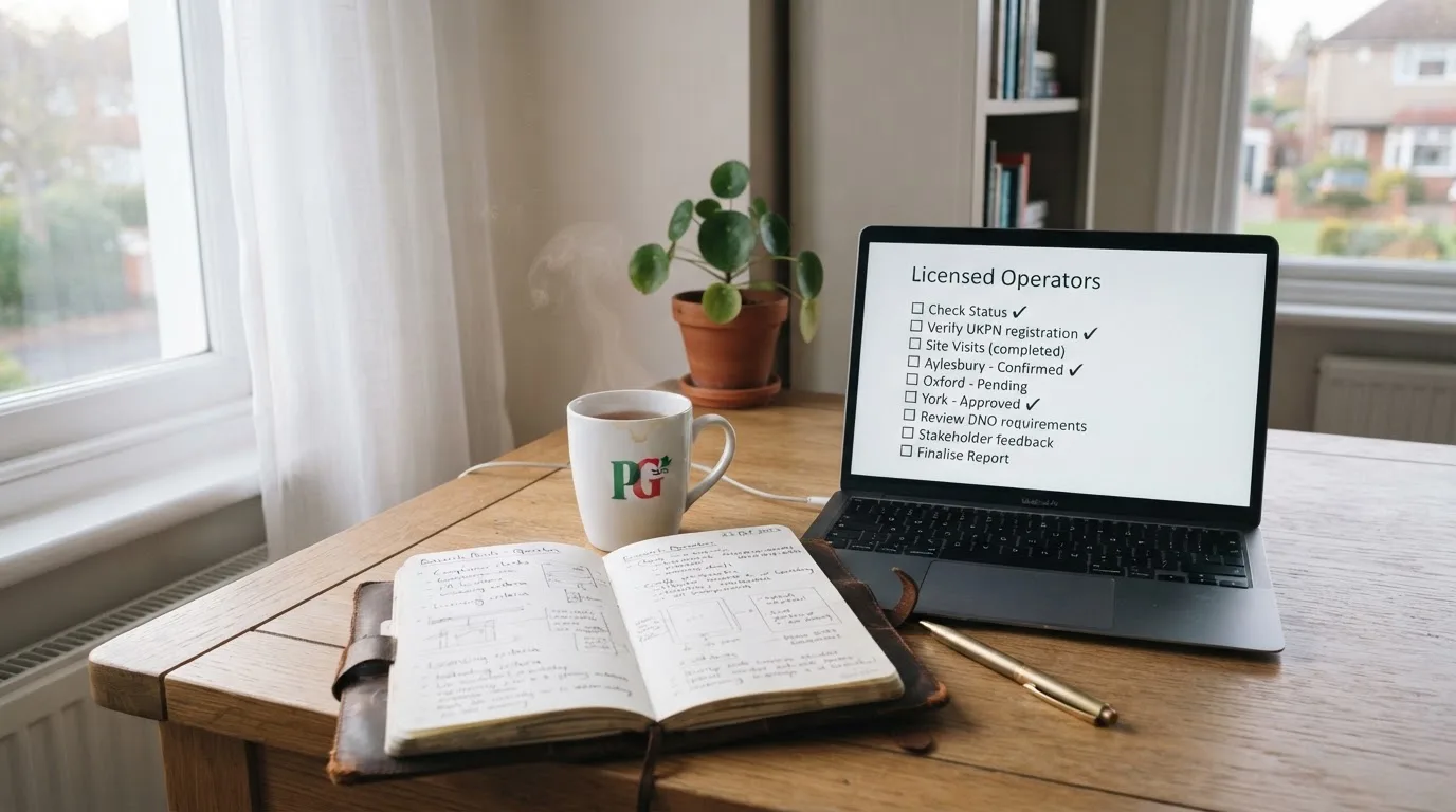 A tidy desk with a notebook, a mug of tea and a laptop open to a checklist, morning light through a window.