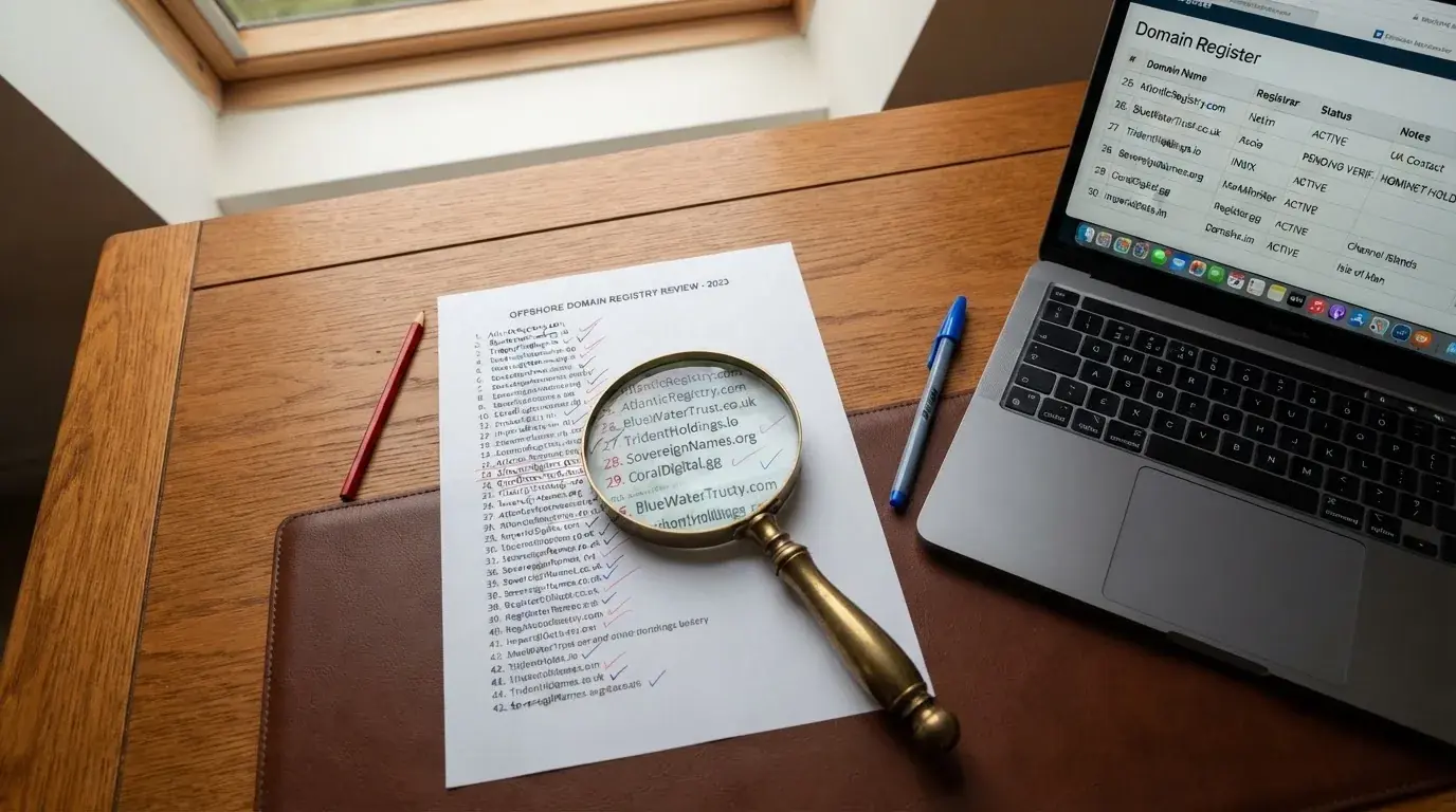 A magnifying glass rests over a printed regulatory certificate on a wooden desk.