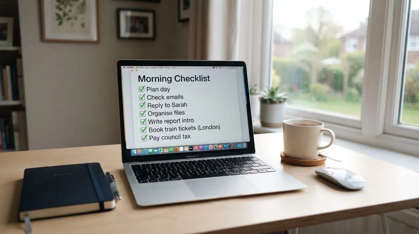 A tidy desk with a notebook, a mug of tea and a laptop open to a checklist, morning light through a window.