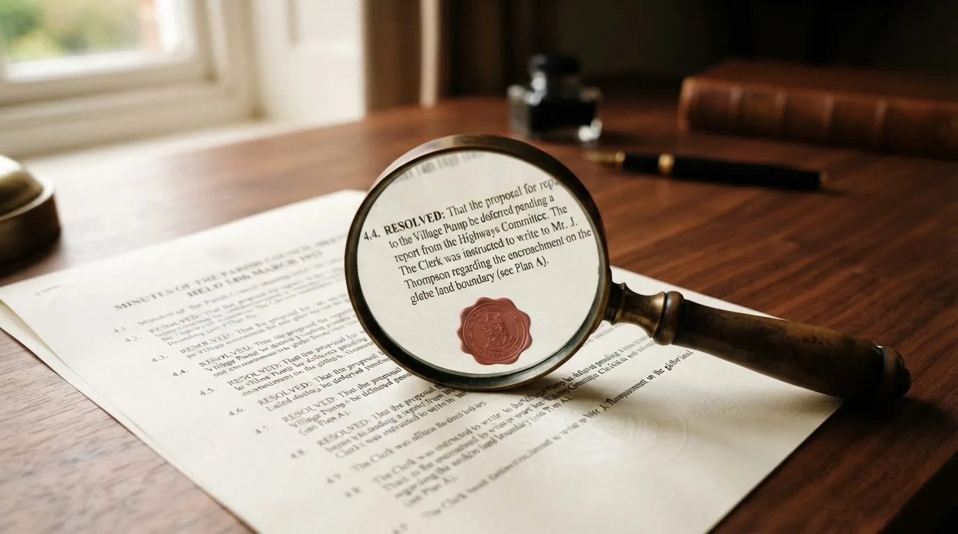 A magnifying glass rests over a printed regulatory certificate on a wooden desk.