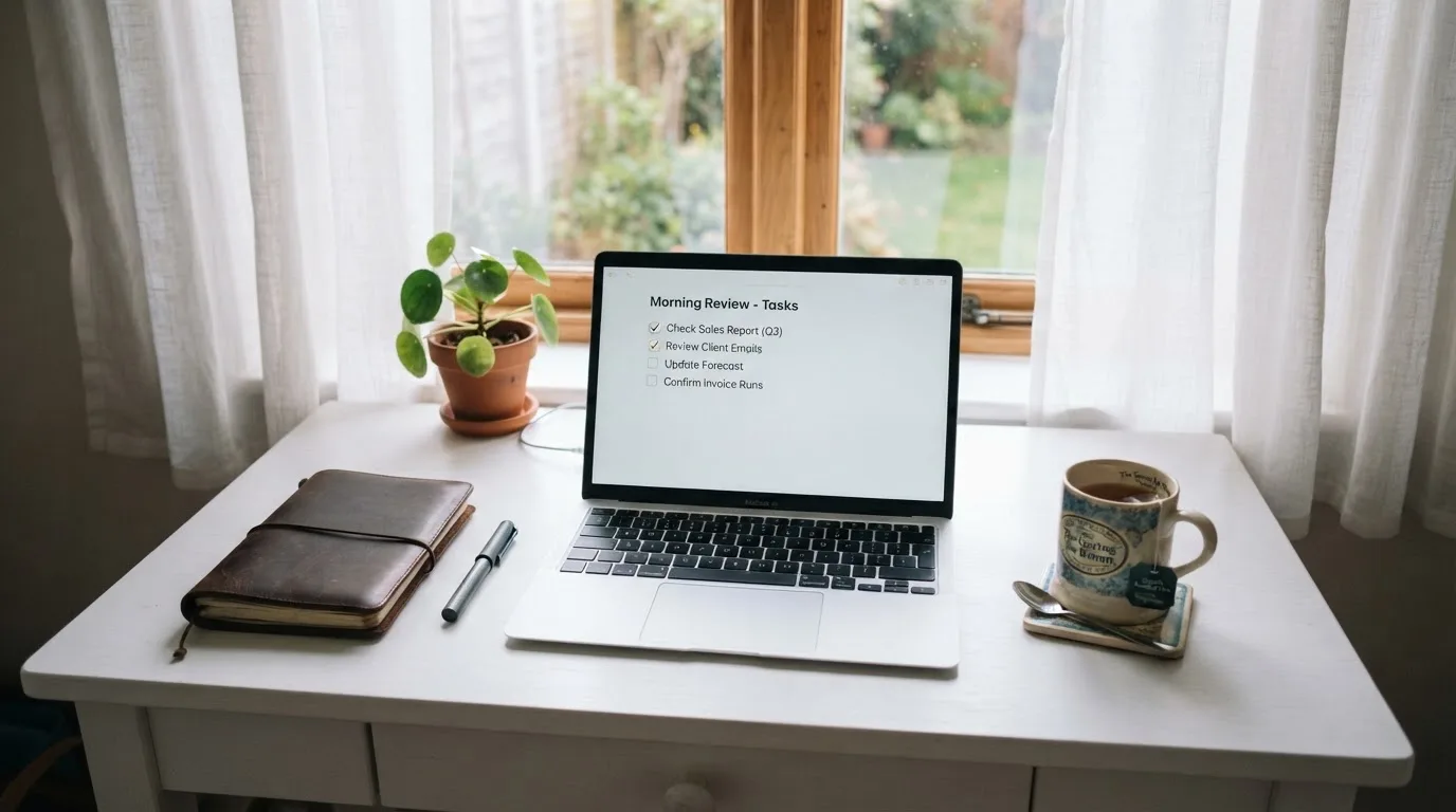A tidy desk with a notebook, a mug of tea and a laptop open to a checklist, morning light through a window.
