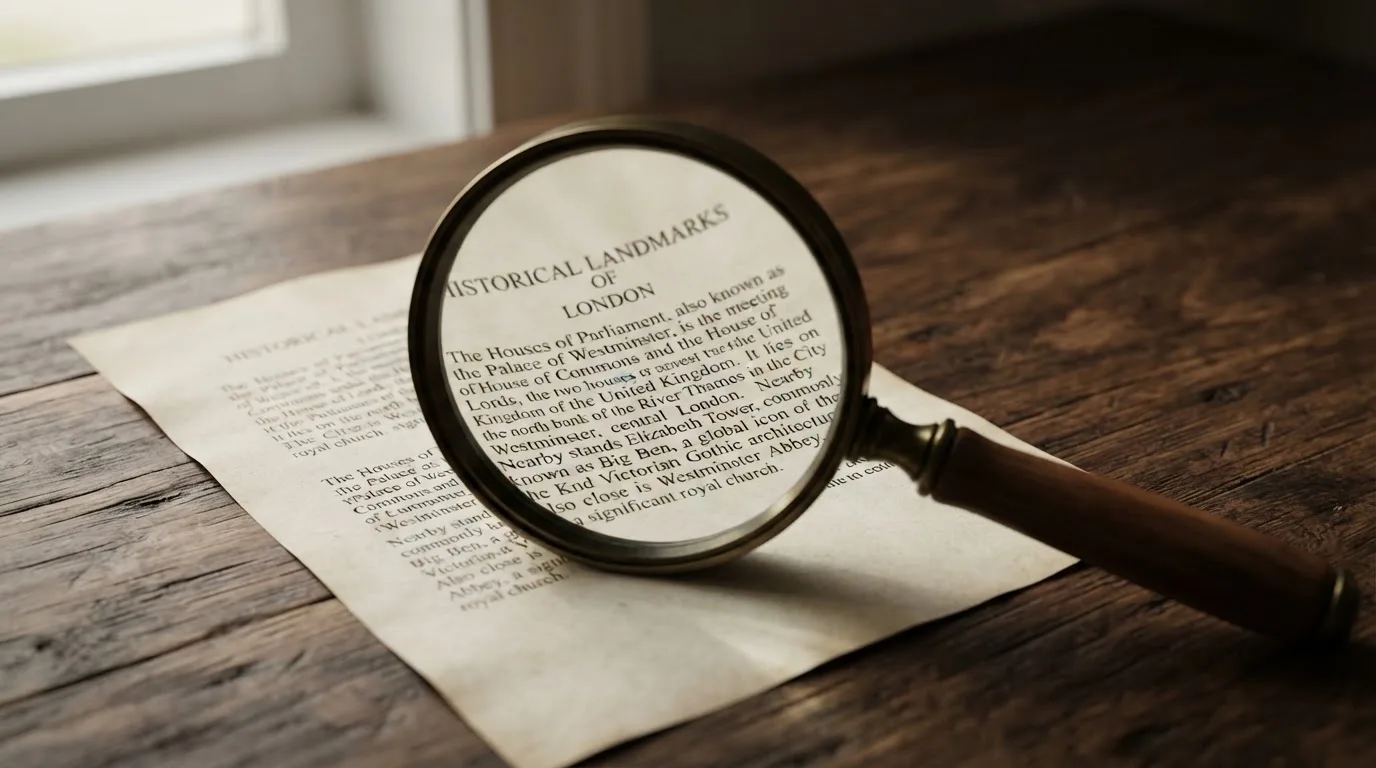A magnifying glass rests over a printed regulatory certificate on a wooden desk.