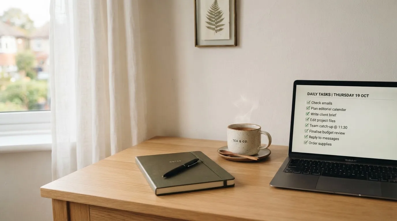A tidy desk with a notebook, a mug of tea and a laptop open to a checklist, morning light through a window.