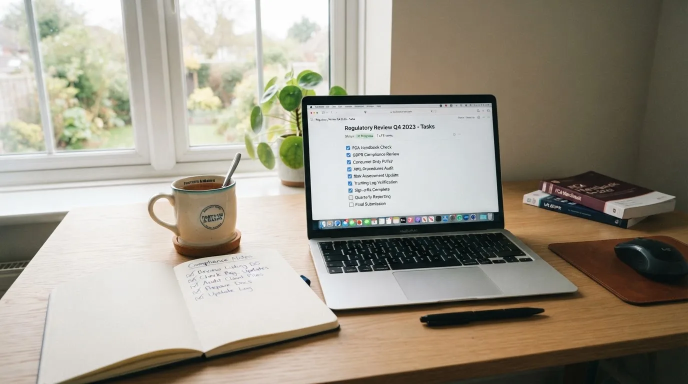 A tidy desk with a notebook, a mug of tea and a laptop open to a checklist, morning light through a window.