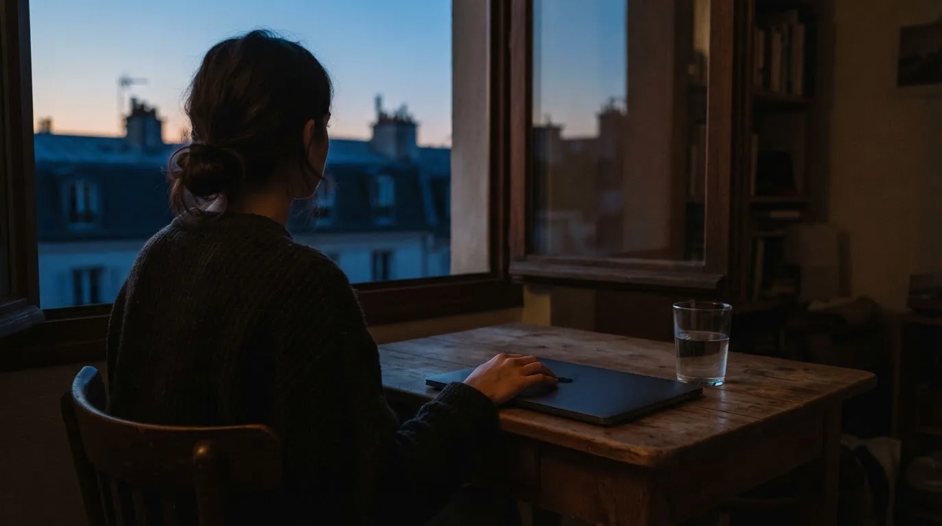 A person closes a laptop and looks out of a window at dusk, a glass of water on the table beside them.