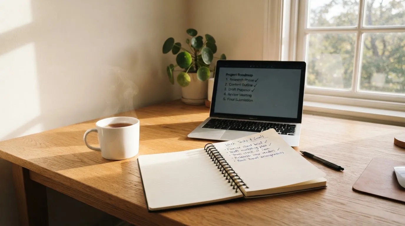 A tidy desk with a notebook, a mug of tea and a laptop open to a checklist, morning light through a window.