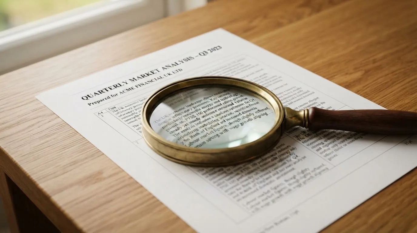 A magnifying glass rests over a printed regulatory certificate on a wooden desk.