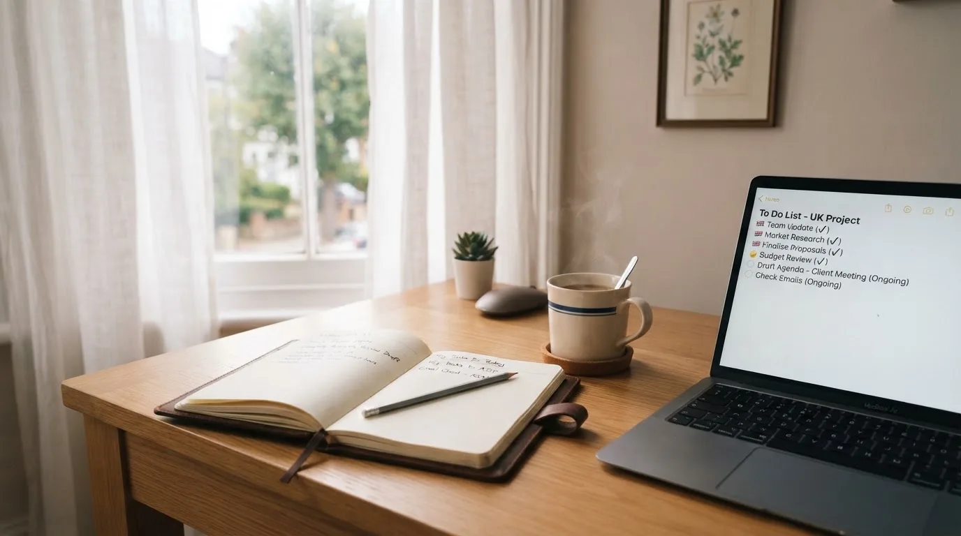 A tidy desk with a notebook, a mug of tea and a laptop open to a checklist, morning light through a window.