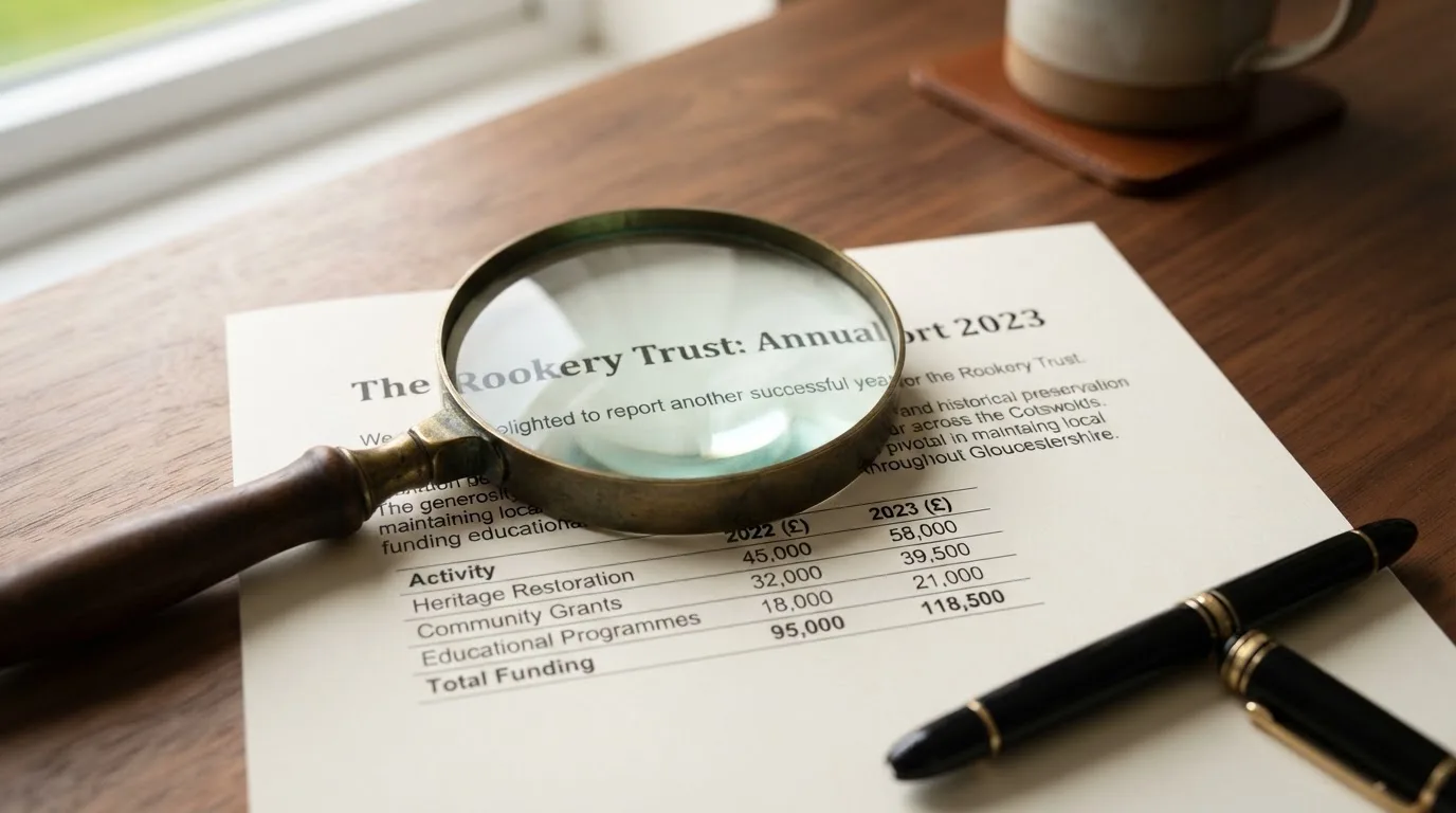 A magnifying glass rests over a printed regulatory certificate on a wooden desk.