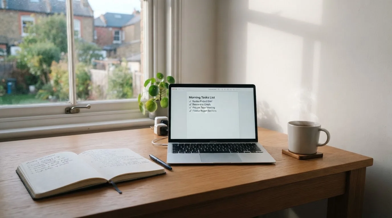 A tidy desk with a notebook, a mug of tea and a laptop open to a checklist, morning light through a window.