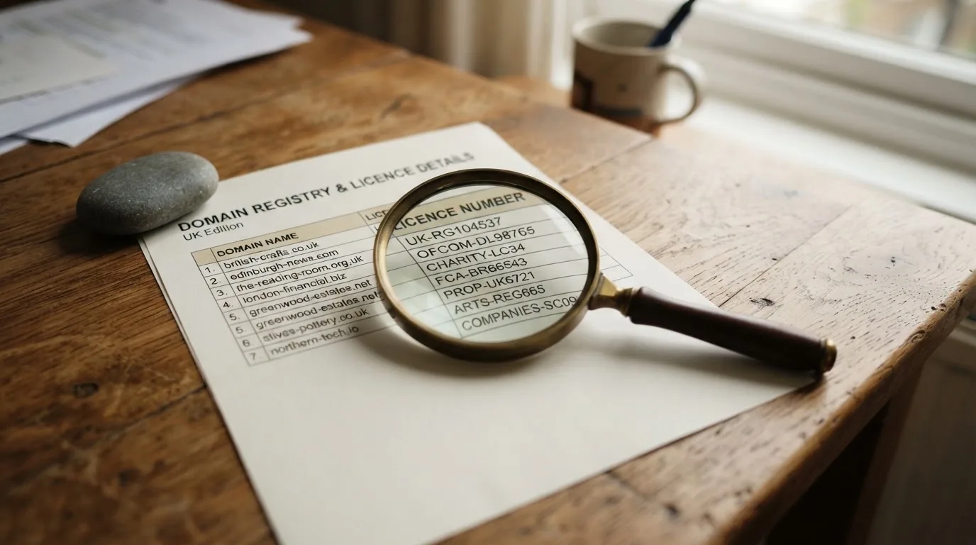 A magnifying glass rests over a printed regulatory certificate on a wooden desk.
