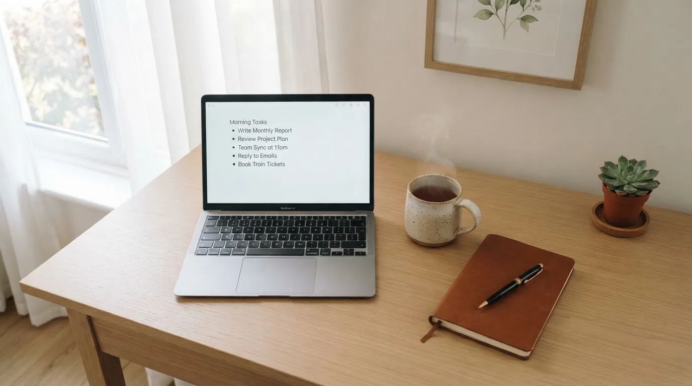 A tidy desk with a notebook, a mug of tea and a laptop open to a checklist, morning light through a window.