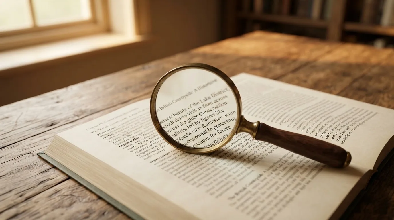 A magnifying glass rests over a printed regulatory certificate on a wooden desk.