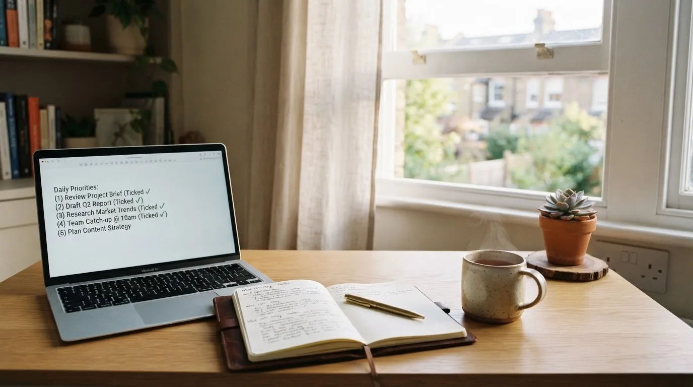 A tidy desk with a notebook, a mug of tea and a laptop open to a checklist, morning light through a window.