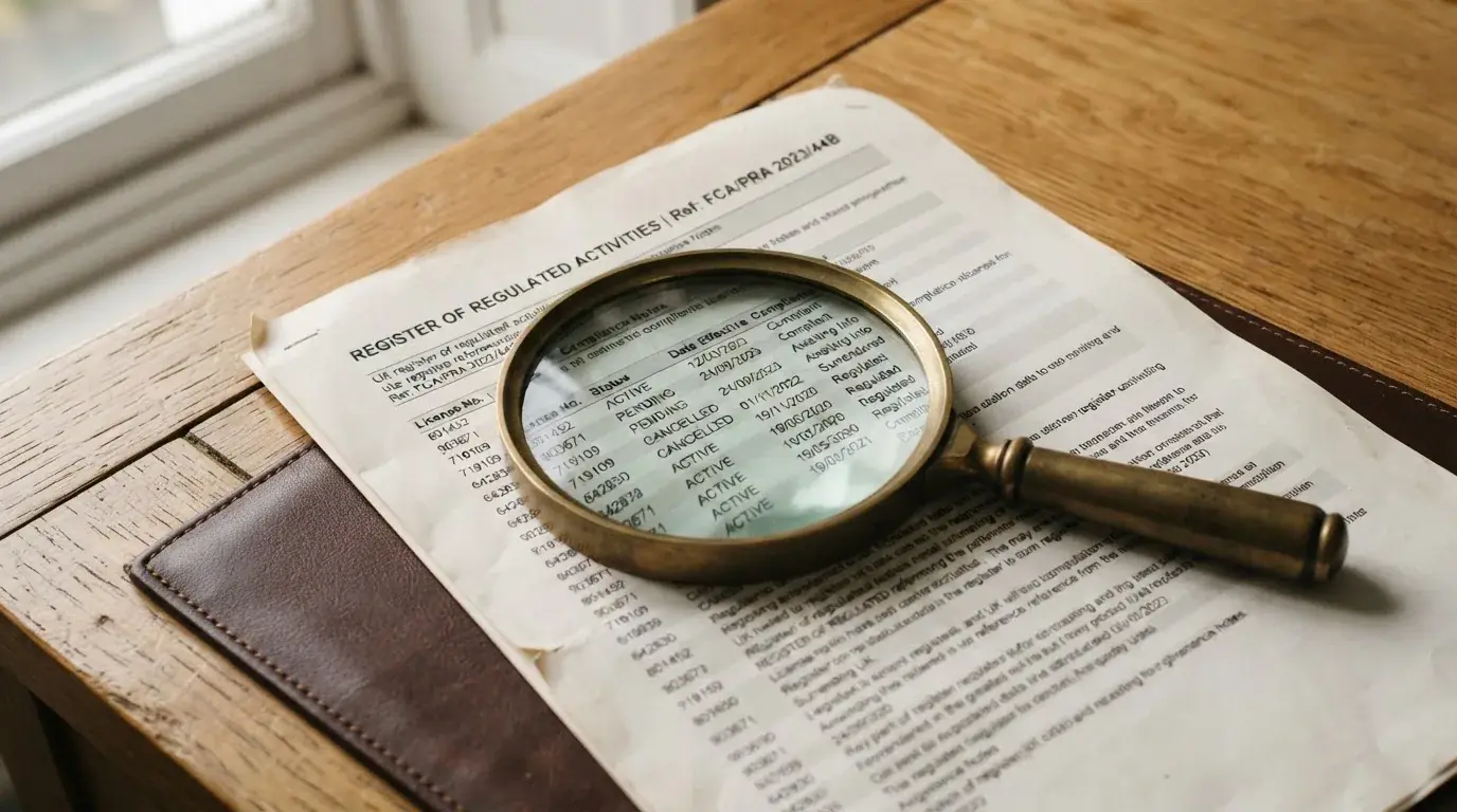 A magnifying glass rests over a printed regulatory certificate on a wooden desk.