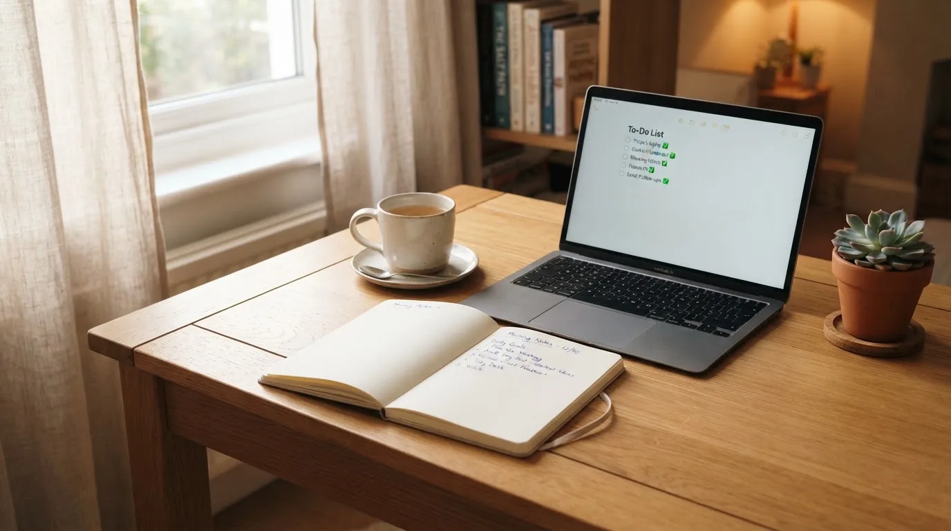 A tidy desk with a notebook, a mug of tea and a laptop open to a checklist, morning light through a window.