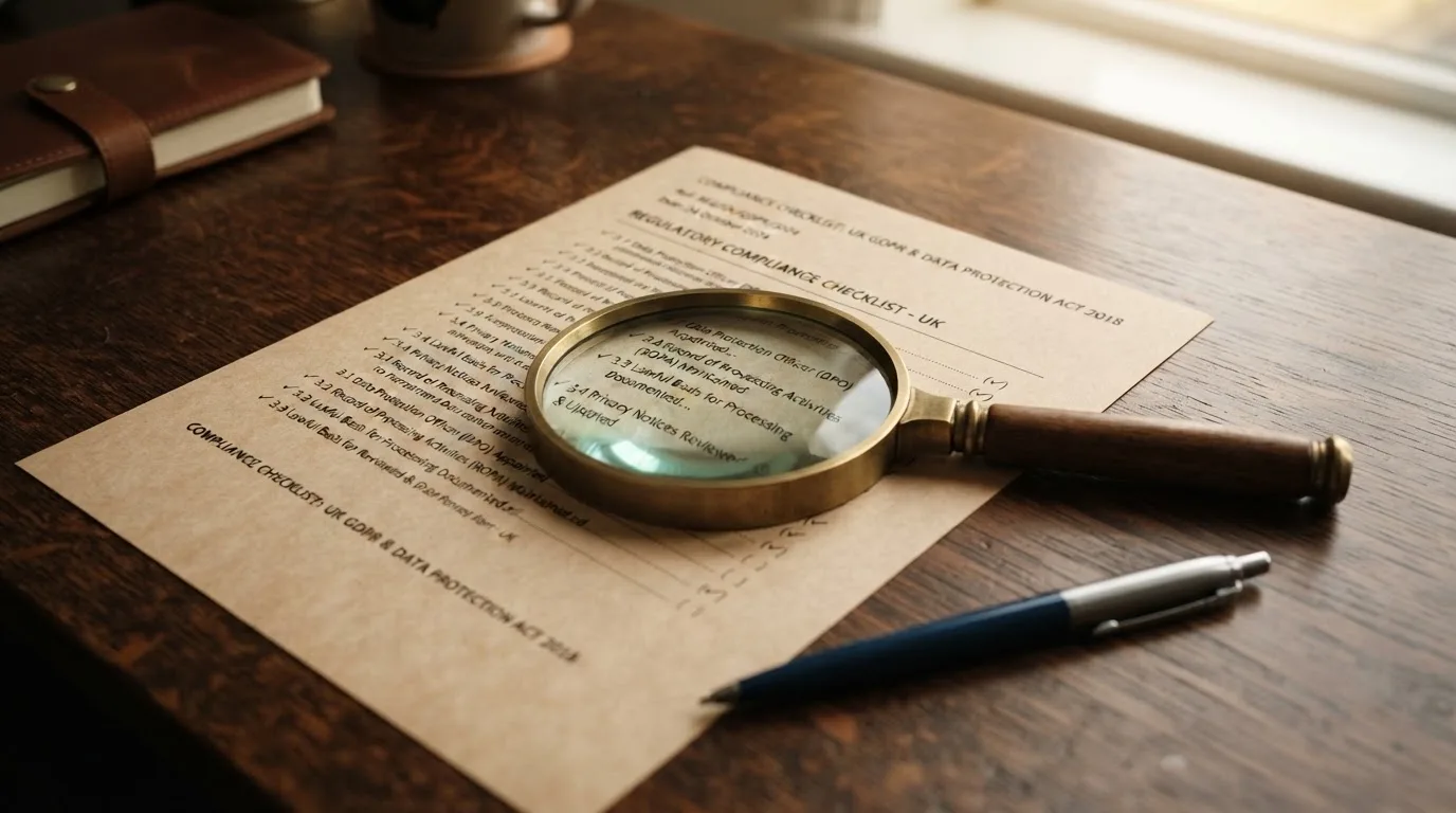 A magnifying glass rests over a printed regulatory certificate on a wooden desk.