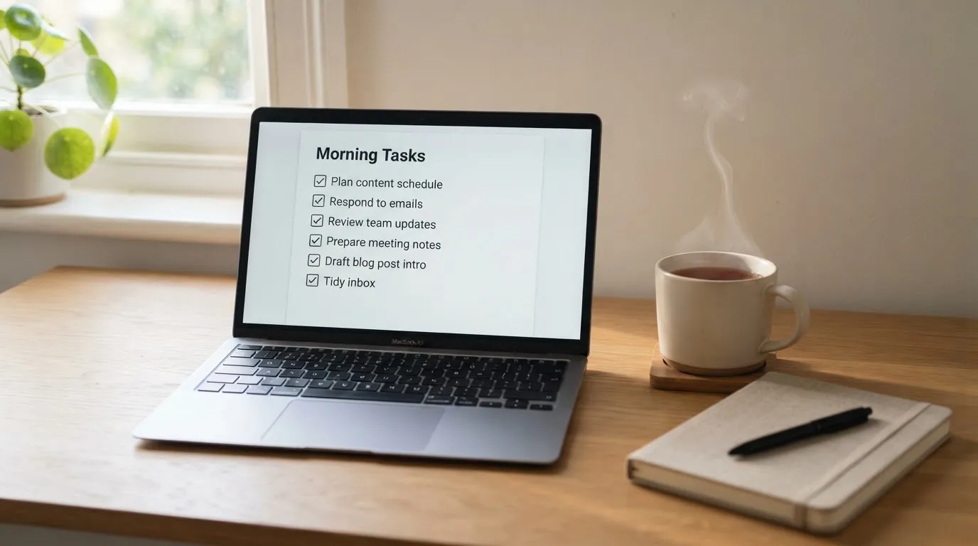 A tidy desk with a notebook, a mug of tea and a laptop open to a checklist, morning light through a window.