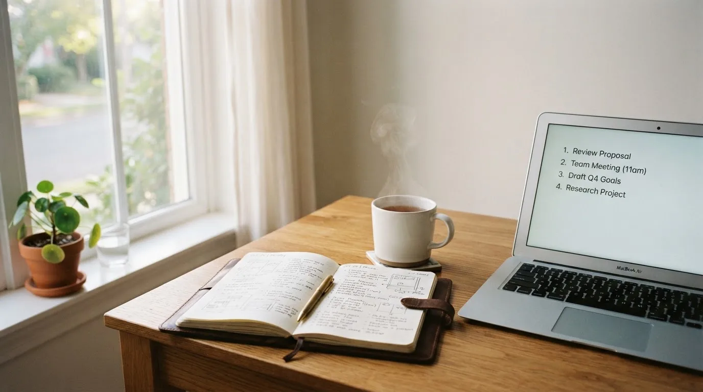 A tidy desk with a notebook, a mug of tea and a laptop open to a checklist, morning light through a window.