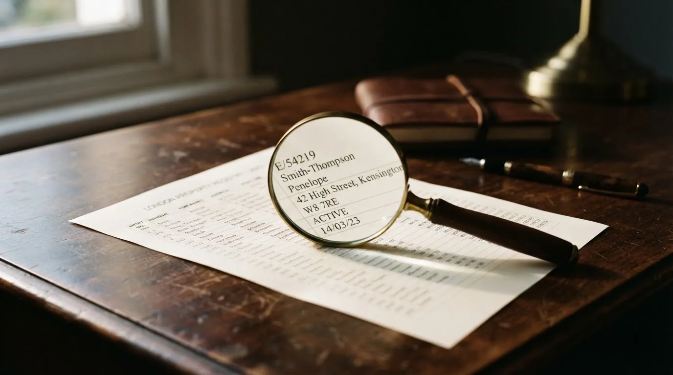 A magnifying glass rests over a printed regulatory certificate on a wooden desk.