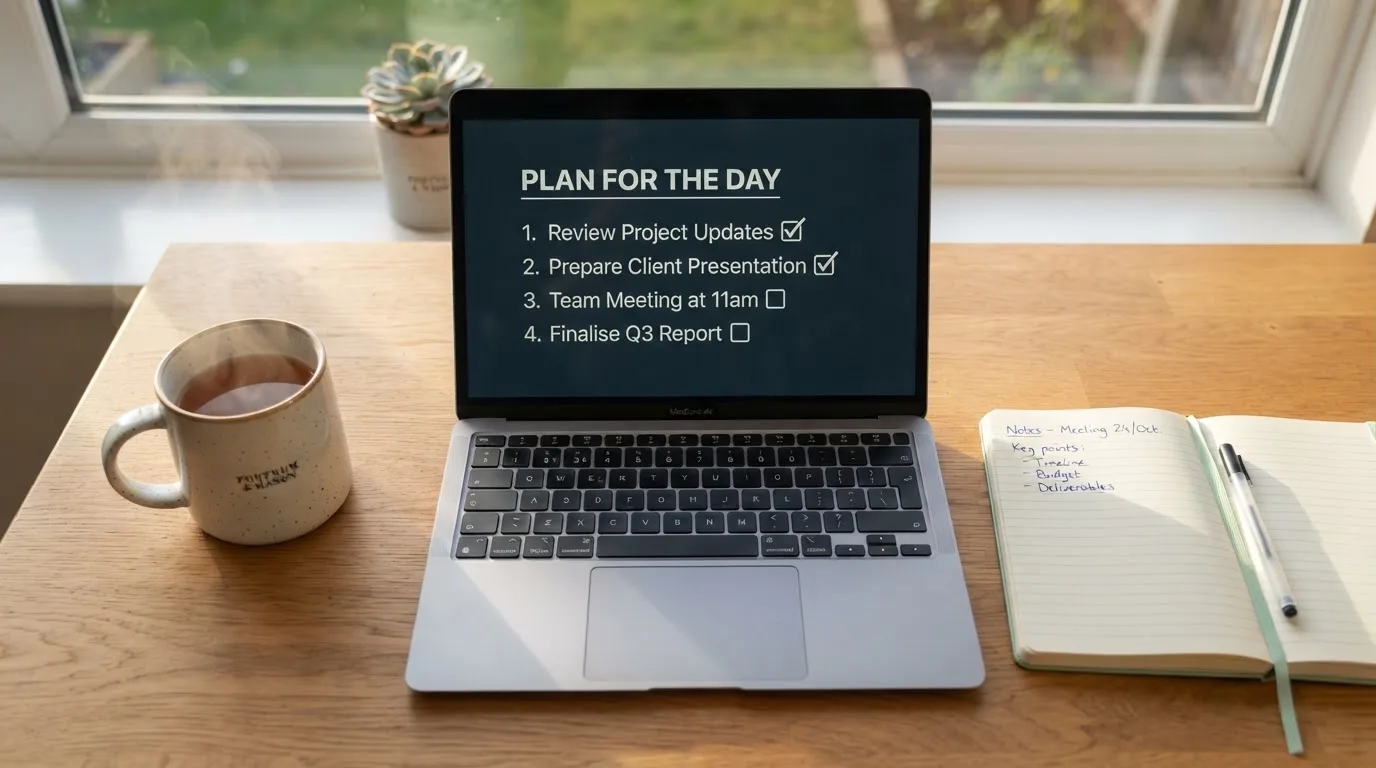 A tidy desk with a notebook, a mug of tea and a laptop open to a checklist, morning light through a window.