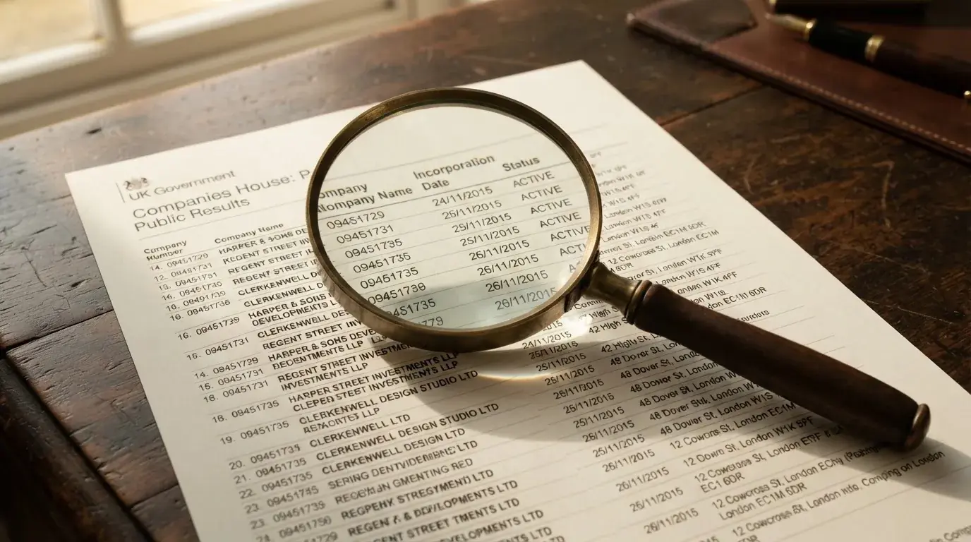 A magnifying glass rests over a printed regulatory certificate on a wooden desk.