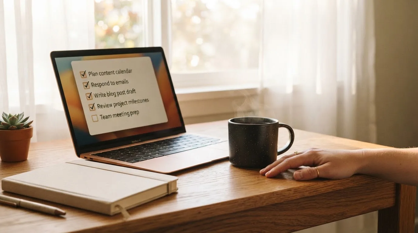 A tidy desk with a notebook, a mug of tea and a laptop open to a checklist, morning light through a window.