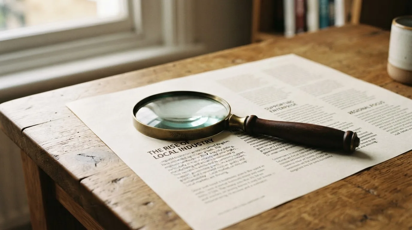 A magnifying glass rests over a printed regulatory certificate on a wooden desk.