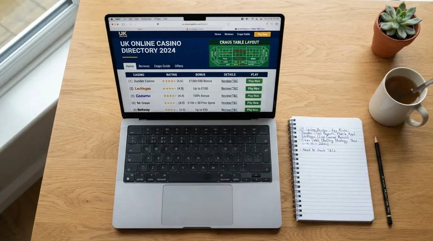 A laptop on a home desk showing a UK online casino comparison page open beside a notepad, with a craps table layout diagram on a laptop visible in a browser tab list