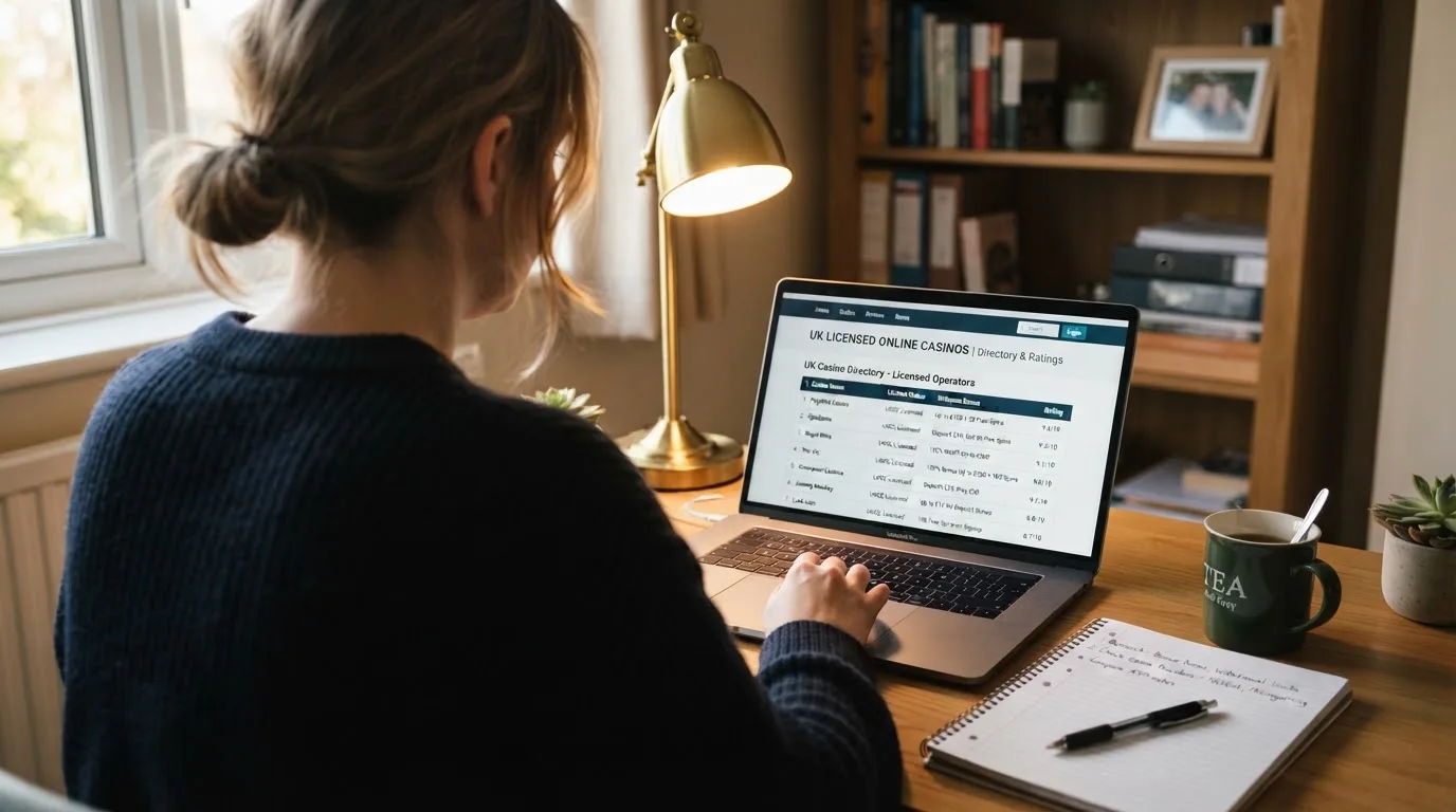 A laptop on a home desk showing a UK online casino comparison page open beside a notepad, with a laptop showing a foreign-registered website's homepage visible in a browser tab list