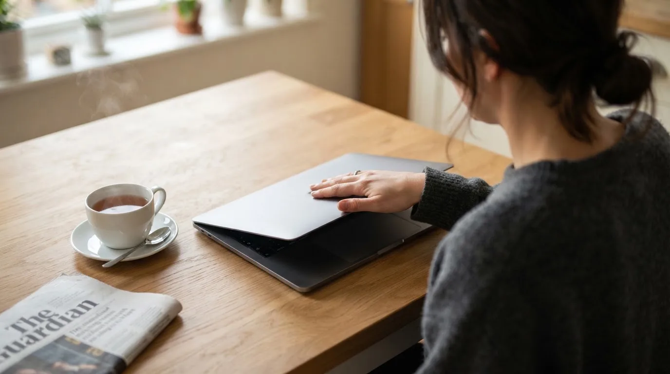 A person closing a laptop beside a cup of tea