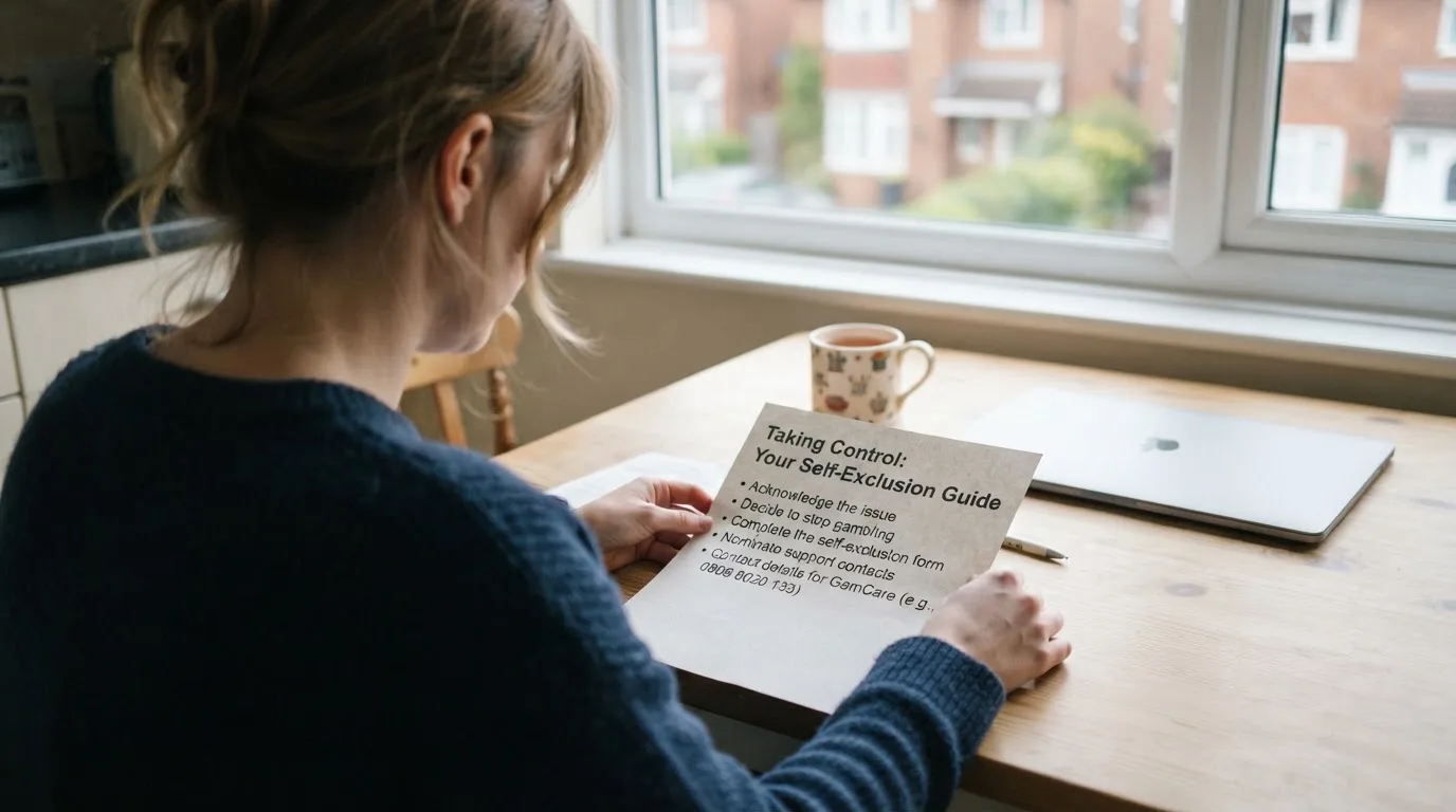 A person reading a self-exclusion leaflet at a kitchen table