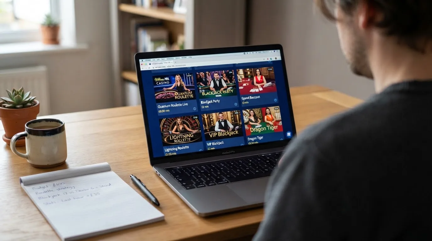 A laptop on a home desk showing a UK online casino comparison page open beside a notepad, with a laptop showing a live casino lobby with several table thumbnails visible in a browser tab list