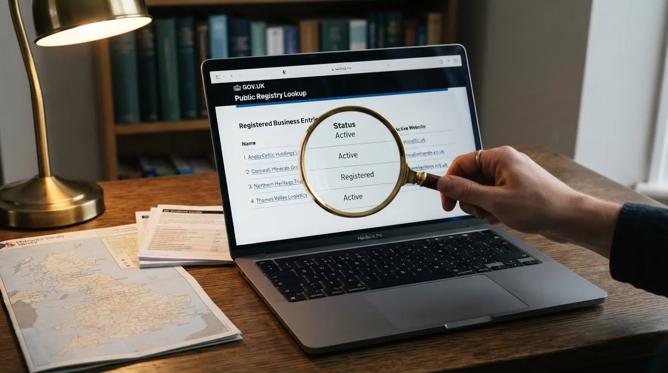 A magnifying glass held over a printed gambling licence certificate on a desk, with a UK map faintly visible in the background