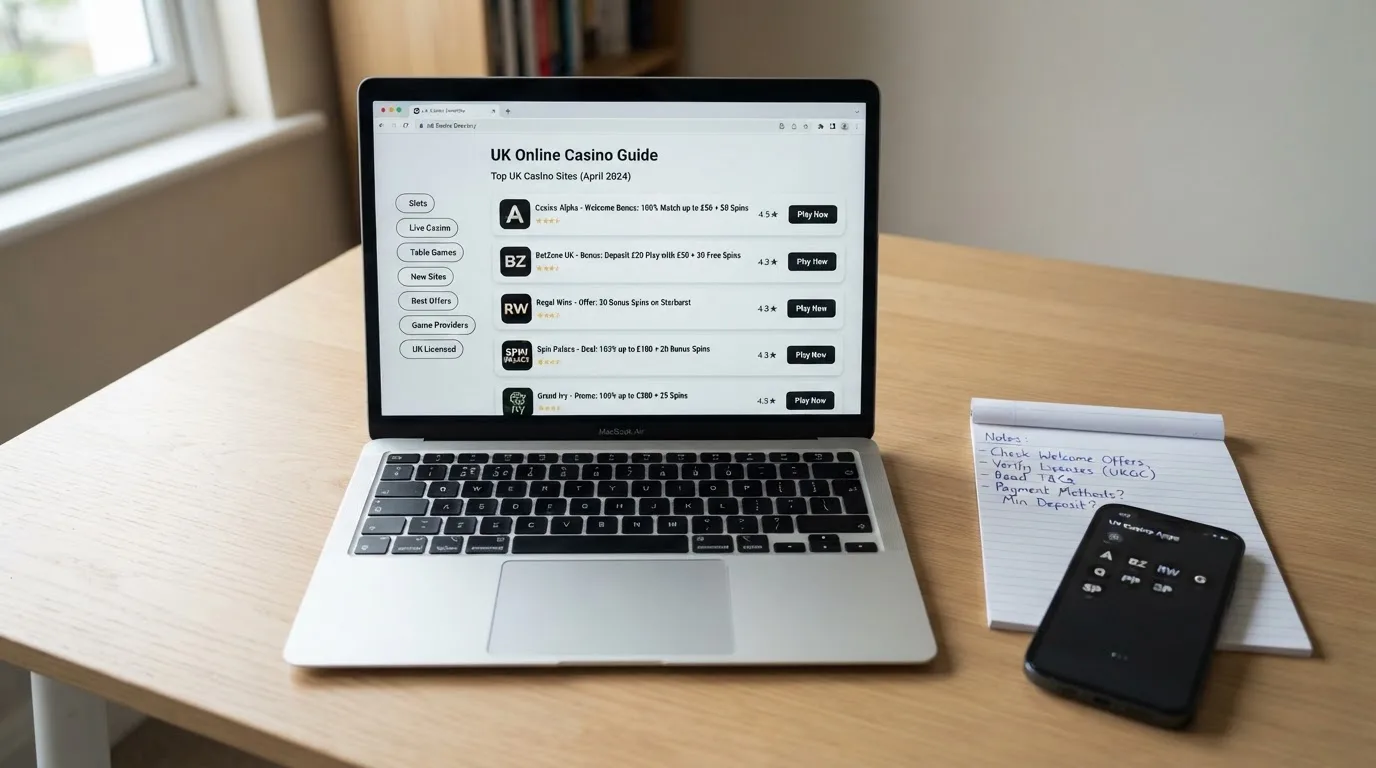 A laptop on a home desk showing a UK online casino comparison page open beside a notepad, with a mobile phone resting on a desk next to a casino app icon screen visible in a browser tab list