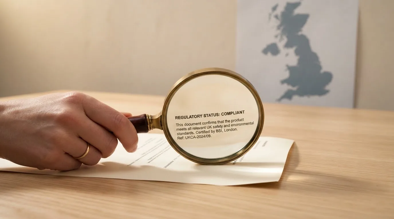 A magnifying glass held over a printed gambling licence certificate on a desk, with a UK map faintly visible in the background