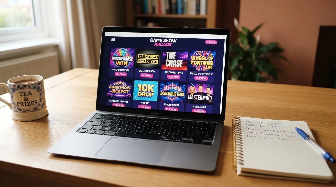 A laptop on a home desk showing a UK online casino comparison page open beside a notepad, with a laptop showing a live casino game show lobby page visible in a browser tab list