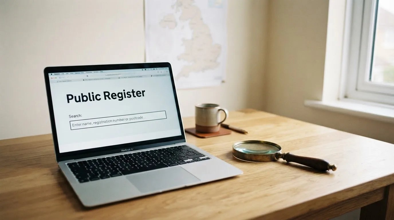 A magnifying glass held over a printed gambling licence certificate on a desk, with a UK map faintly visible in the background