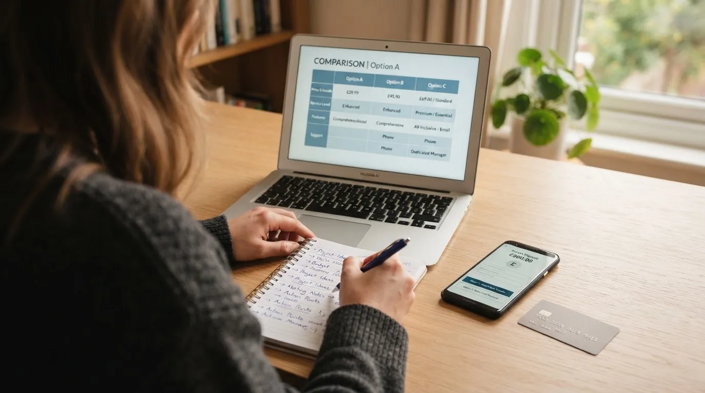 A laptop on a home desk showing a UK online casino comparison page open beside a notepad, with a desk with a debit card, a phone and a laptop showing a deposit form visible in a browser tab list