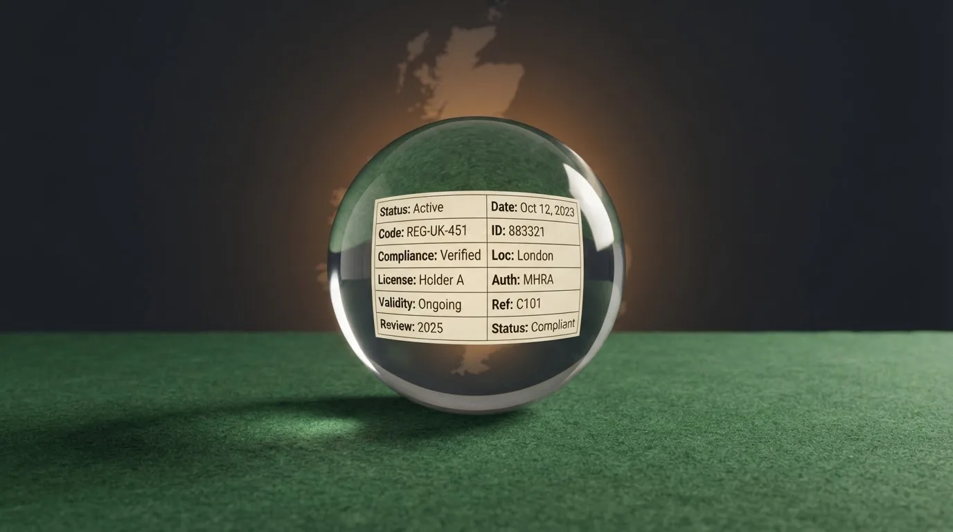 A magnifying glass held over a printed gambling licence certificate on a desk, with a UK map faintly visible in the background