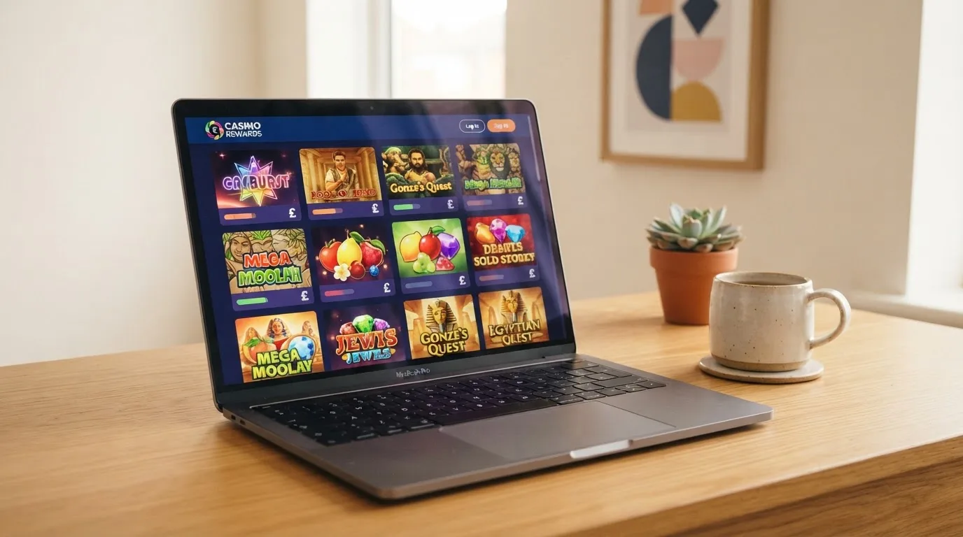 A laptop on a desk displaying a grid of slot game thumbnails in a casino lobby.
