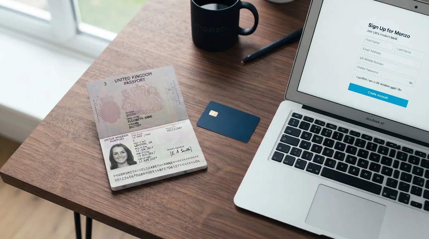 A UK passport and a bank card resting beside a laptop showing an account sign-up screen.