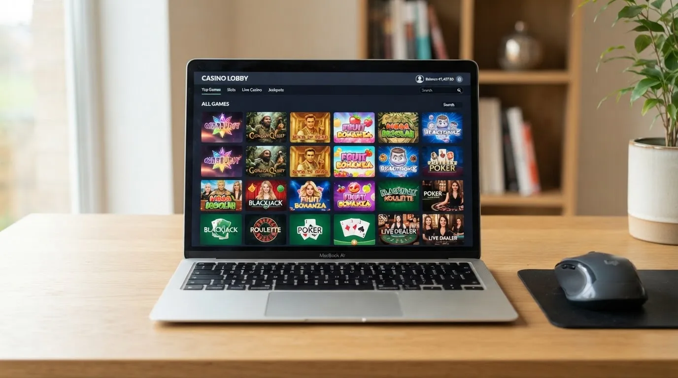 A laptop on a desk displaying a grid of slot game thumbnails in a casino lobby.