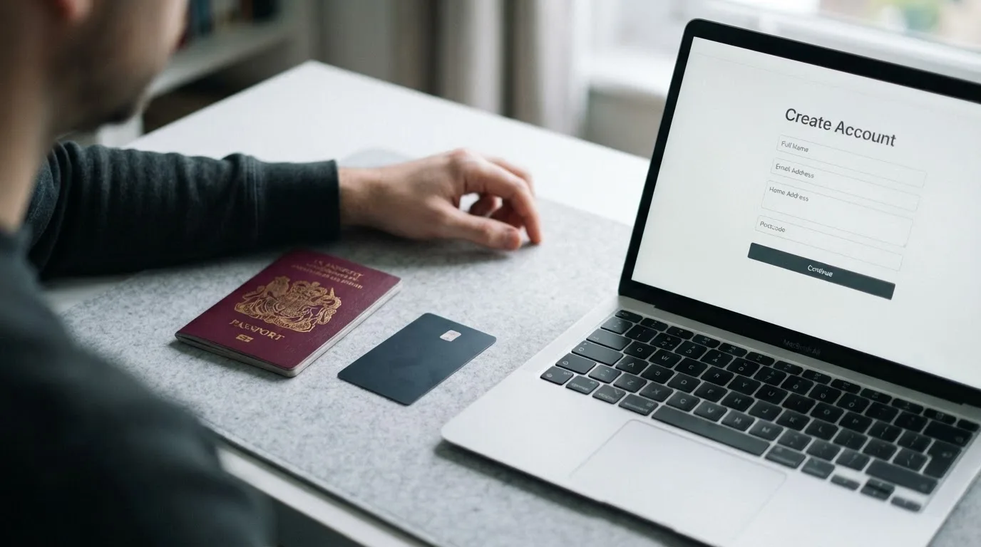 A UK passport and a bank card resting beside a laptop showing an account sign-up screen.