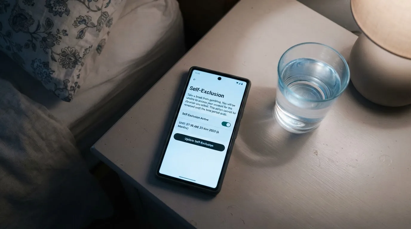 A phone displaying a self-exclusion settings screen next to a glass of water on a bedside table.
