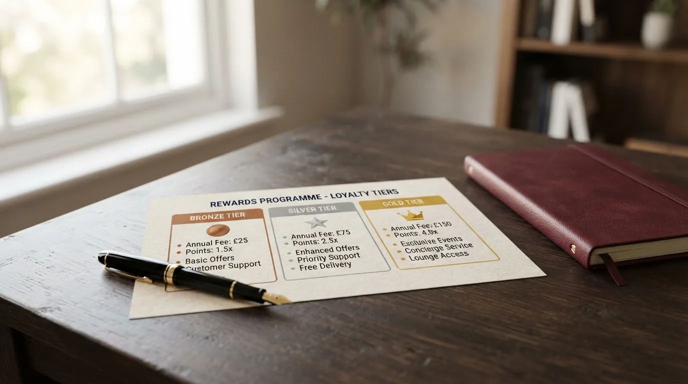 A desk with a printed loyalty-tier chart, a fountain pen, and a closed leather notebook.
