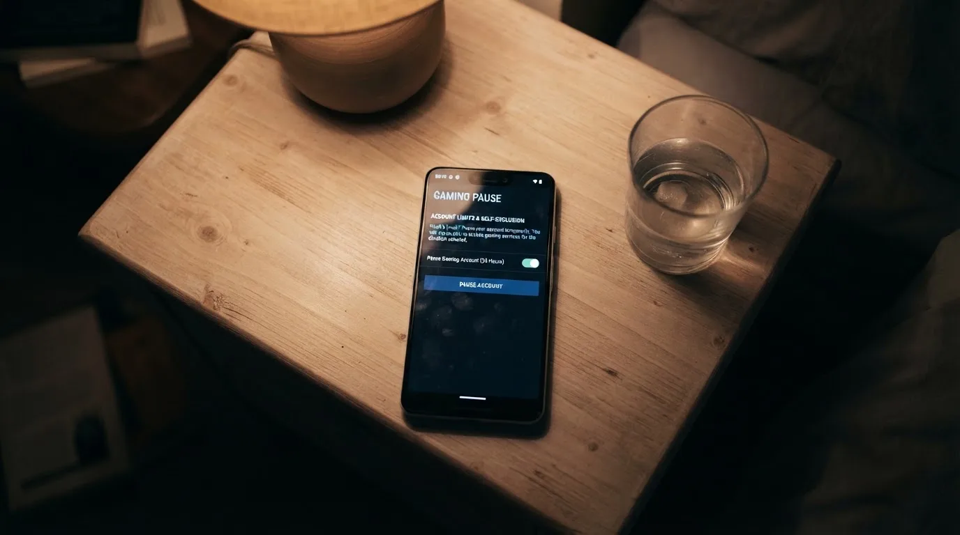 A phone displaying a self-exclusion settings screen next to a glass of water on a bedside table.