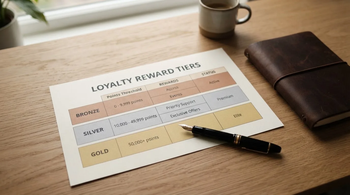 A desk with a printed loyalty-tier chart, a fountain pen, and a closed leather notebook.
